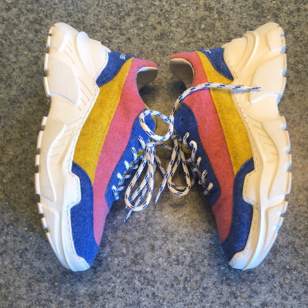JOSHUA SANDERS Chunky Platform Felt Leather Sneakers Made in Italy - Picture 3 of 5